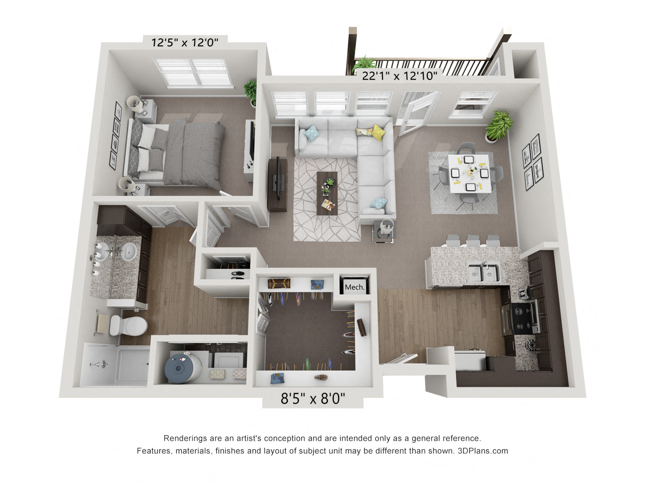 Floor plan for 1 bed, 1 bath, 811 sqft